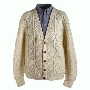Vintage Men's Irish Knit V-Neck Aran Cardigan in Oatmeal